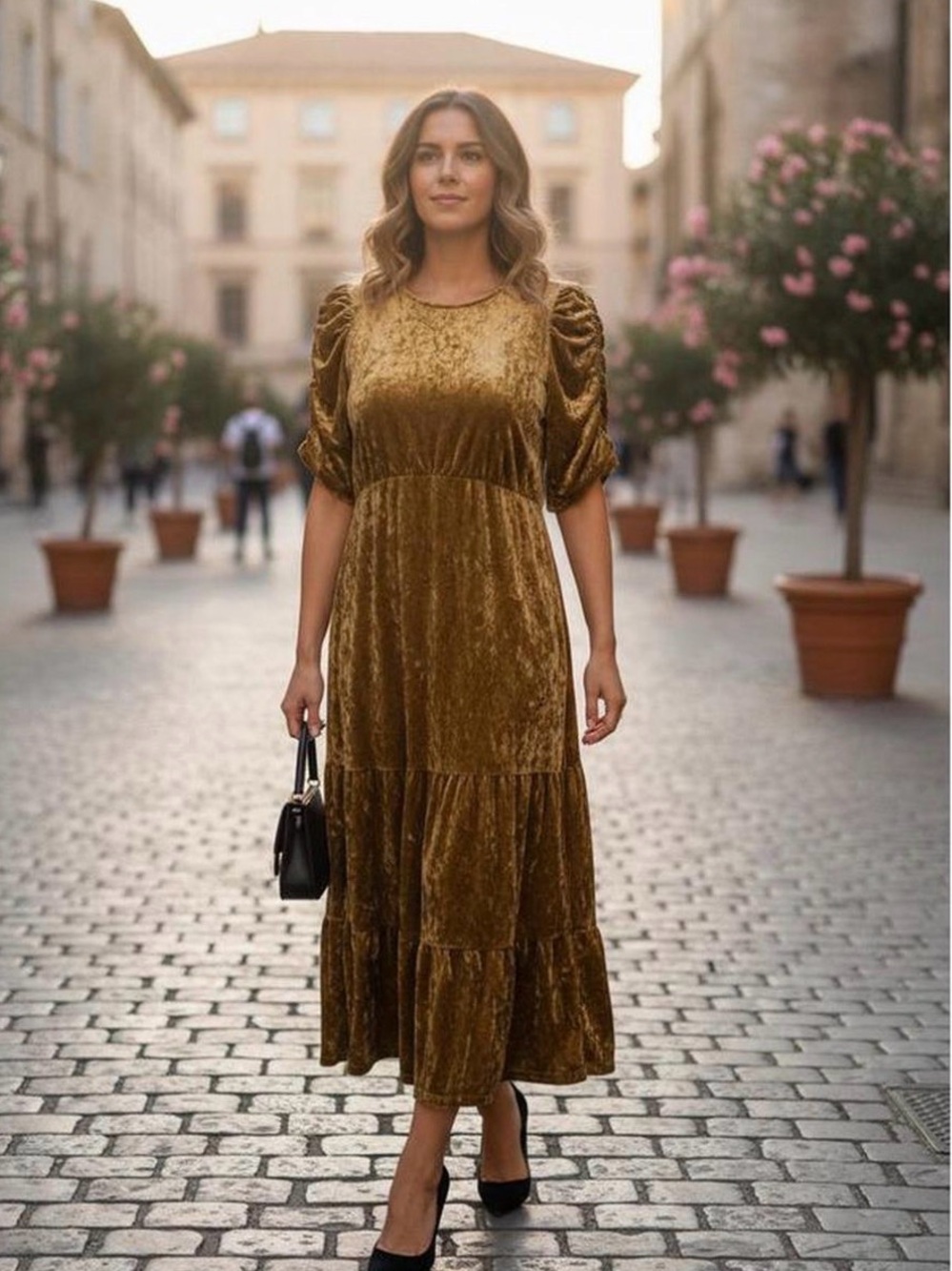 Who What Wear crush Olive-Gold Velvet Tiered Midi Dress